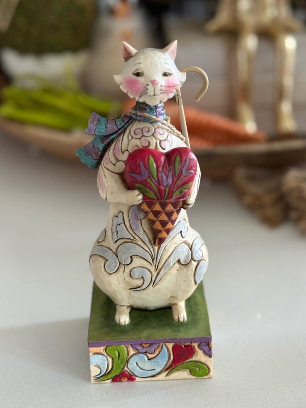 Jim Shore “Cozy Heart” Cream Cat Figurine with Red Heart Accent